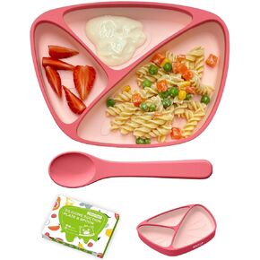 Non-Slip Suction Plates for Baby Toddler, BPA Free Silicone Toddler Plates with Suction for Self Feeding & Baby Led Weaning, Divided Dishes and Spoon Set, Non-Toxic, Dishwasher Safe