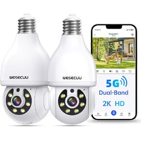 WESECUU Light Bulb Security Camera, 2.4G/5G WiFi Security Cameras Wireless Outdoor Indoor for Home Security, 2-Way Talk, Human Detection, Color Night Vision, Compatible with Alexa (Two Pack)