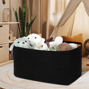 Large Blanket Basket, 75L Woven Blanket Storage Basket for Living Room, Black Rope Baskets for Organizing, 22"x17"x12" Toy Box Bin with Handles for Dog