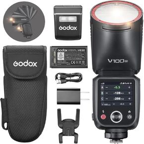 Godox V100N Flash V100-N USA Version Round Head Touch Screen Flash, 100Ws Global Shutter Flash Sync 1/80000, 1/8000 HSS, Built-in Lithium Battery, 10 Level LED Modeling Lamp, for Nikon Camera