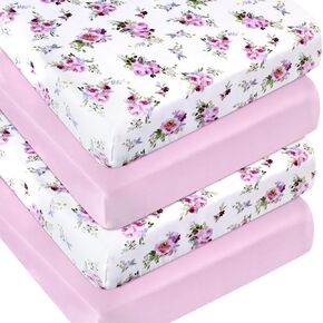 Girls 4 Pack Fitted Crib Sheets - Standard Size & Toddler Mattresses, Soft & Breathable Pink Floral