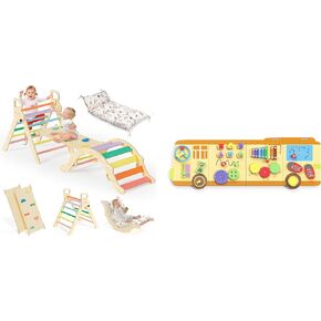 BlueWood Pikler Triangle Set with Cushion, School Bus Wall Busy Board Panels
