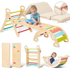 Giant bean Pikler Triangle Set with Cushion, Foldable 7 in 1 Toddler Climbing Toys Indoor, Sliding Ramp & Arch, Wooden Montessori Climbing Set, Playground Jungle Gym for Kids Rainbow