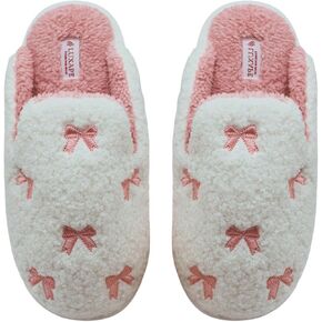 Bow Slippers Coquette Pink Slippers Memory Foam Cute Plush Fluffy Warm Fur slippers Indoor House Home Winter