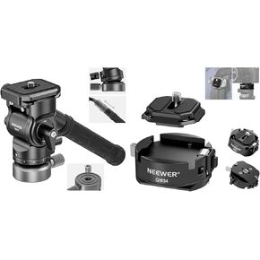 NEEWER GM27 Tripod Fluid Head with +/-10° Leveling Base(37mm Dia.), Metal Pan Tilt Head with Arca Type QR Plate, Max Load 8.8lb/4kg, GM34 Quick Switch Auto Lock Camera Quick Release Plate Kit Included