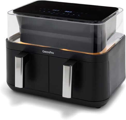 GreenPan Clearview Extra Large 7QT Air Fryer, 360° Clear Window, PFAS-Free Ceramic Nonstick Drawer and Tray, Heat to 400°F, 13-Presets, Shake Reminder, Keep Warm, Delay Start, Dishwasher Safe Parts in Kuwait