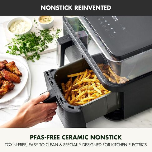 GreenPan Clearview Extra Large 7QT Air Fryer, 360° Clear Window, PFAS-Free Ceramic Nonstick Drawer and Tray, Heat to 400°F, 13-Presets, Shake Reminder, Keep Warm, Delay Start, Dishwasher Safe Parts in Kuwait
