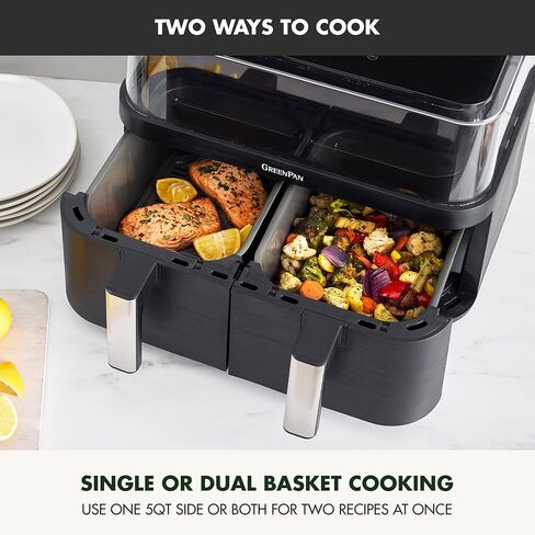 GreenPan Clearview Extra Large 7QT Air Fryer, 360° Clear Window, PFAS-Free Ceramic Nonstick Drawer and Tray, Heat to 400°F, 13-Presets, Shake Reminder, Keep Warm, Delay Start, Dishwasher Safe Parts in Kuwait