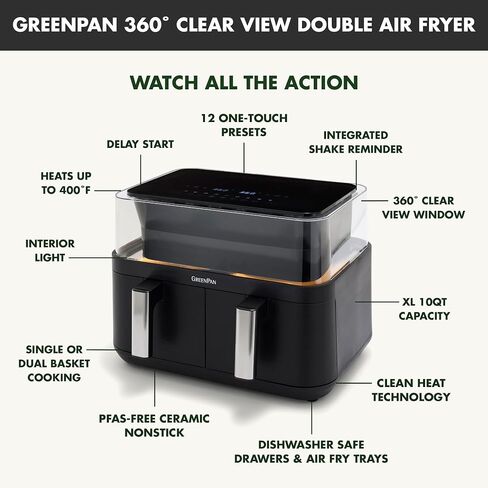 GreenPan Clearview Extra Large 7QT Air Fryer, 360° Clear Window, PFAS-Free Ceramic Nonstick Drawer and Tray, Heat to 400°F, 13-Presets, Shake Reminder, Keep Warm, Delay Start, Dishwasher Safe Parts in Kuwait