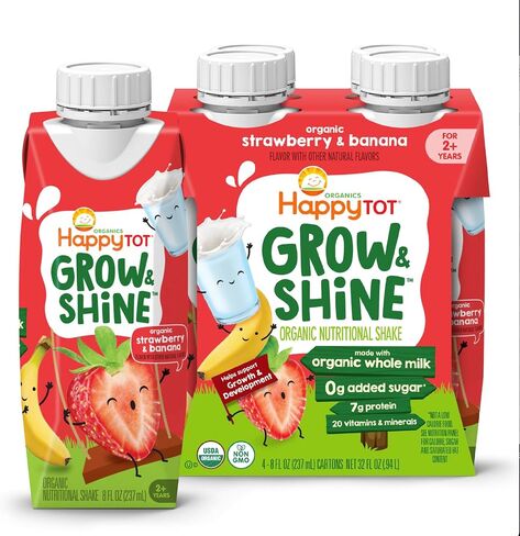 Happy Tot Organic Grow & Shine ، Tot Nutrition Shake ، الفراولة والموز ، من أجل تنمو الأطفال الصغار وأكلهم من الصعب الإرضاء ، 8 Fl Oz (حزمة 4) in Kuwait