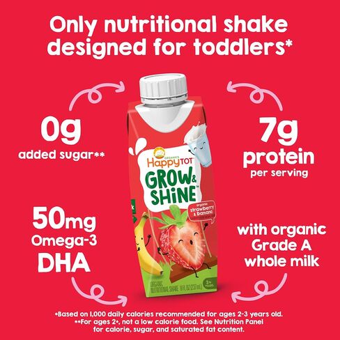 Happy Tot Organic Grow & Shine ، Tot Nutrition Shake ، الفراولة والموز ، من أجل تنمو الأطفال الصغار وأكلهم من الصعب الإرضاء ، 8 Fl Oz (حزمة 4) in Kuwait