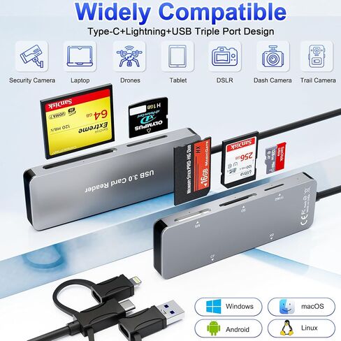قارئ بطاقات XD/MS/TF/CF/SD لهاتف iPhone، محور محول متعدد الذاكرة 8 في 1 Pro Duo مع 3 منافذ USB 2.0، محول قارئ بطاقات الذاكرة Lightning+USB A+USB C OTG يدعم صورة Micro SD/SDHC/XD بطاقة in Saudi Arabia