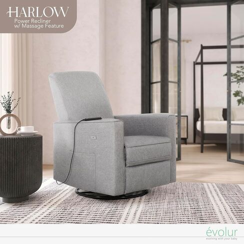 Evolur Harlow Deluxe Upholstered Plush Seating Glide Rocker, Swivel, Power Recliner USB Port with in-Built Massager, Greenguard Gold Certified, Glider Chair for Nursery in Light Grey in Saudi Arabia