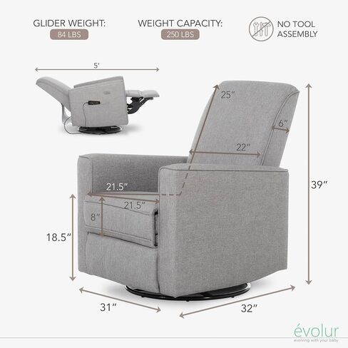 Evolur Harlow Deluxe Upholstered Plush Seating Glide Rocker, Swivel, Power Recliner USB Port with in-Built Massager, Greenguard Gold Certified, Glider Chair for Nursery in Light Grey in Saudi Arabia