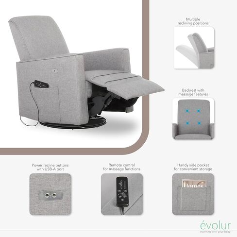 Evolur Harlow Deluxe Upholstered Plush Seating Glide Rocker, Swivel, Power Recliner USB Port with in-Built Massager, Greenguard Gold Certified, Glider Chair for Nursery in Light Grey in Saudi Arabia