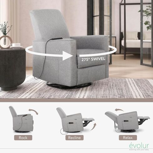 Evolur Harlow Deluxe Upholstered Plush Seating Glide Rocker, Swivel, Power Recliner USB Port with in-Built Massager, Greenguard Gold Certified, Glider Chair for Nursery in Light Grey in Saudi Arabia
