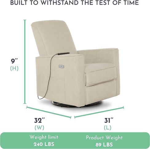 Evolur Harlow Deluxe Upholstered Plush Seating Glide Rocker, Swivel, Power Recliner USB Port with in-Built Massager, Greenguard Gold Certified, Glider Chair for Nursery in Light Grey in Saudi Arabia