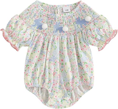 Baby Girl Easter Outfit Newborn Bunny Embroidery Smocked Bubble Romper Ruffle Bodysuit Cute Infant Easter Clothes in Saudi Arabia