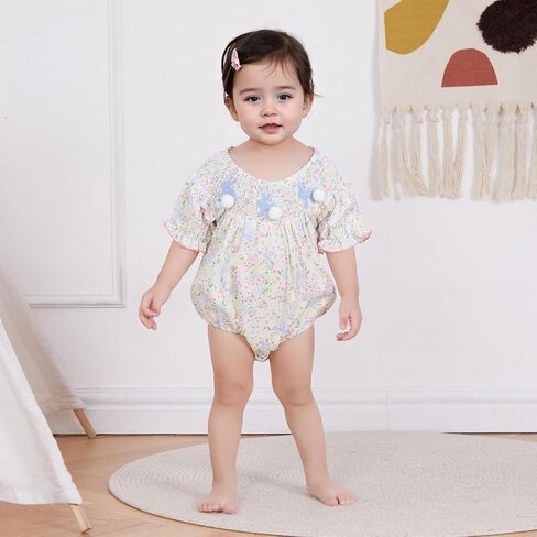 Baby Girl Easter Outfit Newborn Bunny Embroidery Smocked Bubble Romper Ruffle Bodysuit Cute Infant Easter Clothes in Saudi Arabia