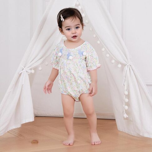 Baby Girl Easter Outfit Newborn Bunny Embroidery Smocked Bubble Romper Ruffle Bodysuit Cute Infant Easter Clothes in Saudi Arabia