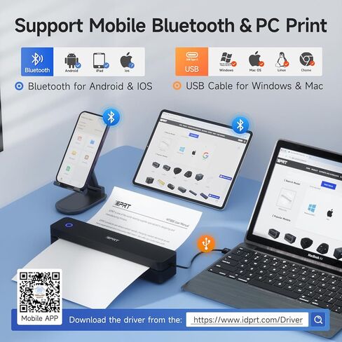طابعة IDPRT المحمولة لاسلكية للسفر ، ودعم الطابعة الحرارية Bluetooth لرسالة أمريكية 8.5 "x11" ، غير متوافقة مع iOS ، Android ، الكمبيوتر المحمول للمكتب والسيارة والمنزل ، المدرسة (300DPI ، الأسود) in Kuwait