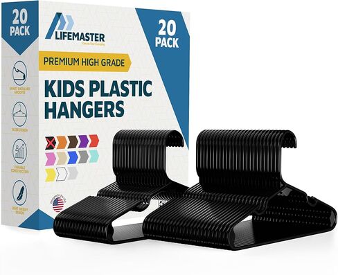 Plastic Kids Clothes Hanger – Children Clothes Hanger with Shoulder Notch, 11.6 Inch Space-Saving Closet Organizer for Baby, Toddler, and Kids Clothing, Hold Up to 5 lbs, Pack of 20, Black in Kuwait