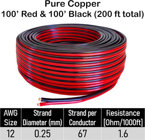 Pure Copper 12 AWG (American Wire Gauge) Stranded OFC Flexible Red Black 2 Conductor Bonded Zip Cord Automotive Power Speaker Cable for Car Audio LED Trailer Light Primary Harness Wiring (50 Feet) in Saudi Arabia