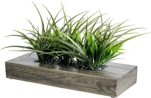 MyGift 9.5 Inch Artificial Green Grass Plants in Shabby White Washed Weathered Solid Wood Planter Pot, Faux Greenery in Rectangular Container for Tabletop Centerpiece Décor in Saudi Arabia