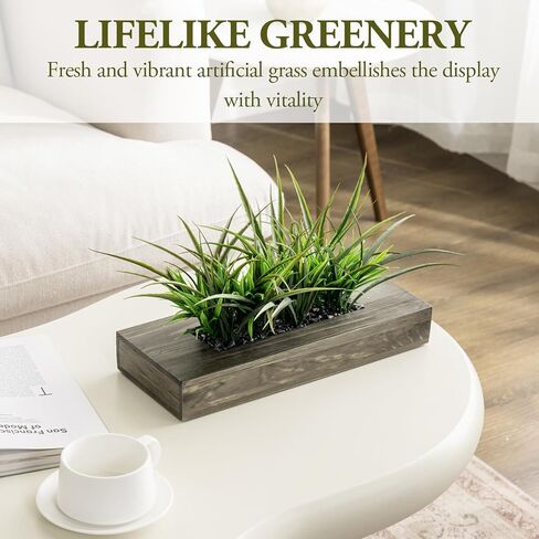 MyGift 9.5 Inch Artificial Green Grass Plants in Shabby White Washed Weathered Solid Wood Planter Pot, Faux Greenery in Rectangular Container for Tabletop Centerpiece Décor in Saudi Arabia