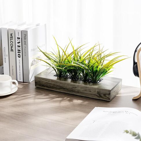 MyGift 9.5 Inch Artificial Green Grass Plants in Shabby White Washed Weathered Solid Wood Planter Pot, Faux Greenery in Rectangular Container for Tabletop Centerpiece Décor in Saudi Arabia