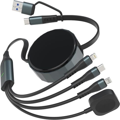 100W Coiled Multi Charging Cable for Apple Watch and Phone - 4 in 1 Curly Universal Charger Cord with Apple Watch Charger, Lightning, USB C and Micro USB for iPhone, Galaxy, iPad, Tablet, Laptap Black in Saudi Arabia