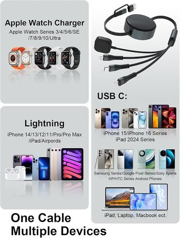 100W Coiled Multi Charging Cable for Apple Watch and Phone - 4 in 1 Curly Universal Charger Cord with Apple Watch Charger, Lightning, USB C and Micro USB for iPhone, Galaxy, iPad, Tablet, Laptap Black in Saudi Arabia