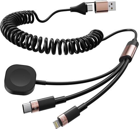 100W Coiled Multi Charging Cable for Apple Watch and Phone - 4 in 1 Curly Universal Charger Cord with Apple Watch Charger, Lightning, USB C and Micro USB for iPhone, Galaxy, iPad, Tablet, Laptap Black in Saudi Arabia
