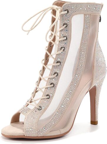 Women Latin Dance Boots Peep Toe Mesh Lace up Dance Boots with Rhinestone Practice Salsa Ballroom Dance Heels in Saudi Arabia