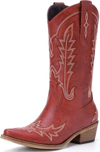 Cowboy Boots for Women - Cowgirl Boots with Embroidery, Chunky Heel Pointed Toe Pull-on Vintage Western Mid Calf Fashion Boots for Ladies in Saudi Arabia