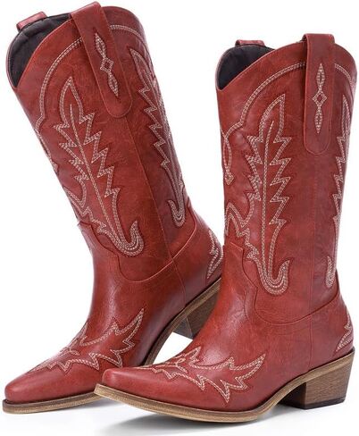 Cowboy Boots for Women - Cowgirl Boots with Embroidery, Chunky Heel Pointed Toe Pull-on Vintage Western Mid Calf Fashion Boots for Ladies in Saudi Arabia