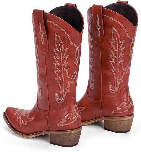 Cowboy Boots for Women - Cowgirl Boots with Embroidery, Chunky Heel Pointed Toe Pull-on Vintage Western Mid Calf Fashion Boots for Ladies in Saudi Arabia