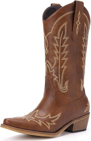 Cowboy Boots for Women - Cowgirl Boots with Embroidery, Chunky Heel Pointed Toe Pull-on Vintage Western Mid Calf Fashion Boots for Ladies in Saudi Arabia