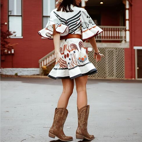 Cowboy Boots for Women - Cowgirl Boots with Embroidery, Chunky Heel Pointed Toe Pull-on Vintage Western Mid Calf Fashion Boots for Ladies in Saudi Arabia