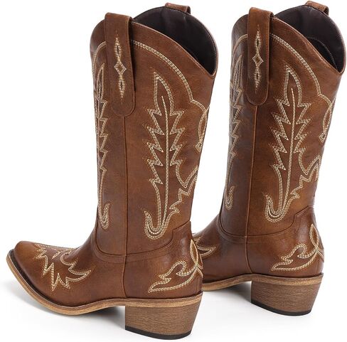 Cowboy Boots for Women - Cowgirl Boots with Embroidery, Chunky Heel Pointed Toe Pull-on Vintage Western Mid Calf Fashion Boots for Ladies in Saudi Arabia