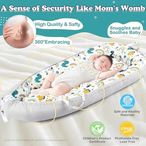 Baby Lounger for Newborn 0-24 Months with Removable Pillow | Breathable, Portable & Soft Infant Sleep Mat | CPSC Certified for Home, Travel & Playtime | Easy to Clean Baby Gift Essentials-Dinosaur in Saudi Arabia