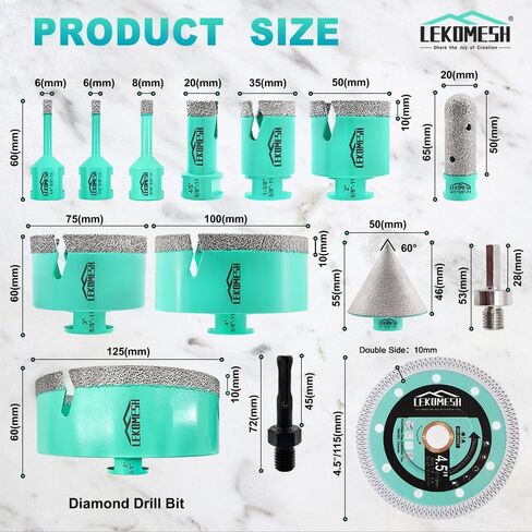 Tile Hole Saw Kit for Porcelain Tile-(6/6/8/20/35/50/75/100/125mm+Finger Bit+Chamfer Bit+Adapter+Tile Blade) Diamond Tile Drill Bits Precision Cutting for Ceramic Marble,5/8"-11 Thread in Saudi Arabia