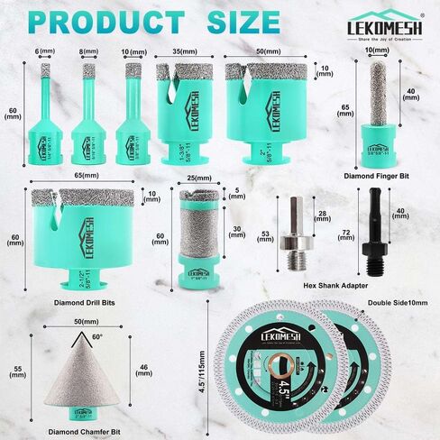 Tile Hole Saw Kit for Porcelain Tile-(6/6/8/20/35/50/75/100/125mm+Finger Bit+Chamfer Bit+Adapter+Tile Blade) Diamond Tile Drill Bits Precision Cutting for Ceramic Marble,5/8"-11 Thread in Saudi Arabia