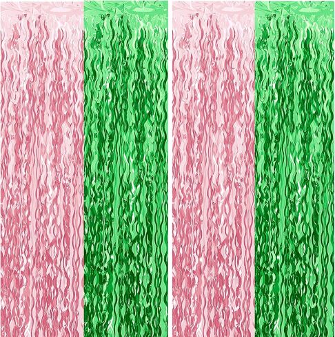 Pink and Green Wavy Tinsel Foil Fringe Curtains Photo Booth Backdrop for Green Pink Theme Birthday Party Witch Decorations(2 Pack,3.2 ft x 6.6 ft) in Kuwait