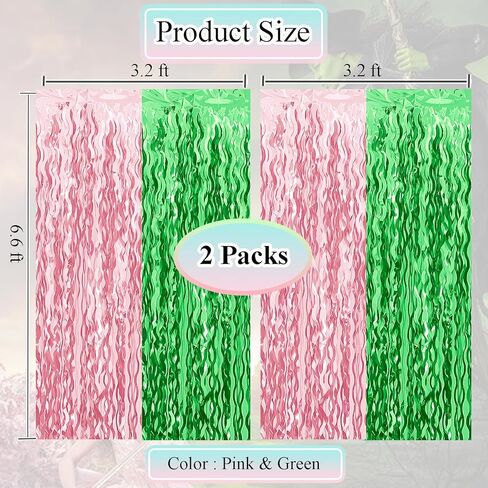 Pink and Green Wavy Tinsel Foil Fringe Curtains Photo Booth Backdrop for Green Pink Theme Birthday Party Witch Decorations(2 Pack,3.2 ft x 6.6 ft) in Kuwait