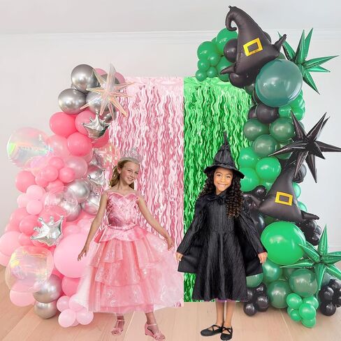 Pink and Green Wavy Tinsel Foil Fringe Curtains Photo Booth Backdrop for Green Pink Theme Birthday Party Witch Decorations(2 Pack,3.2 ft x 6.6 ft) in Kuwait
