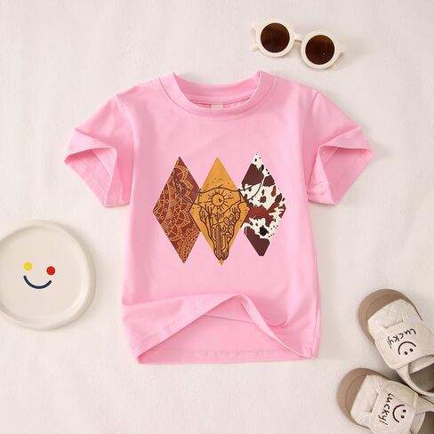 MODNTOGA Toddler Baby Girl Rodeo Cow Skull Shirt Retro Cowgirl Graphic T-Shirt Western Cow Print Summer Tee Short Sleeve Tops in Saudi Arabia