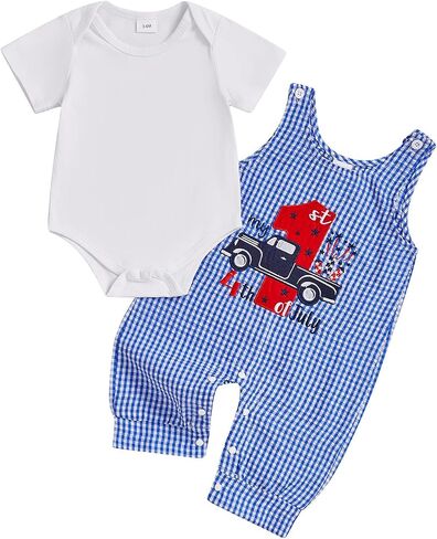 My First 4th of July Baby Boy Outfit Romper Plaid Overall Pants Set Baby Boy 4th of July Outfit Summer Boy Clothes in Saudi Arabia