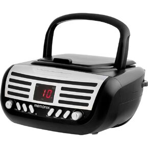 Memorex Retro Portable Top Loading CD Boombox with AM/FM Stereo Radio in Black | CD-R/CD-RW Compatible | LED Display | AUX Port Supported | Programmable CD Player