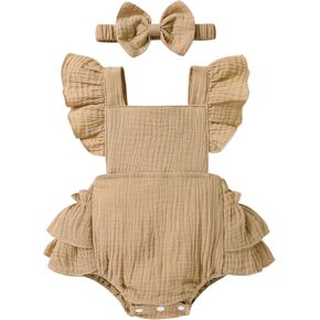 Happy Town Baby Girl Clothes Toddler Summer Linen Romper Sleeveless Ruffle Outfits Infant Girls Jumpsuit with Headband